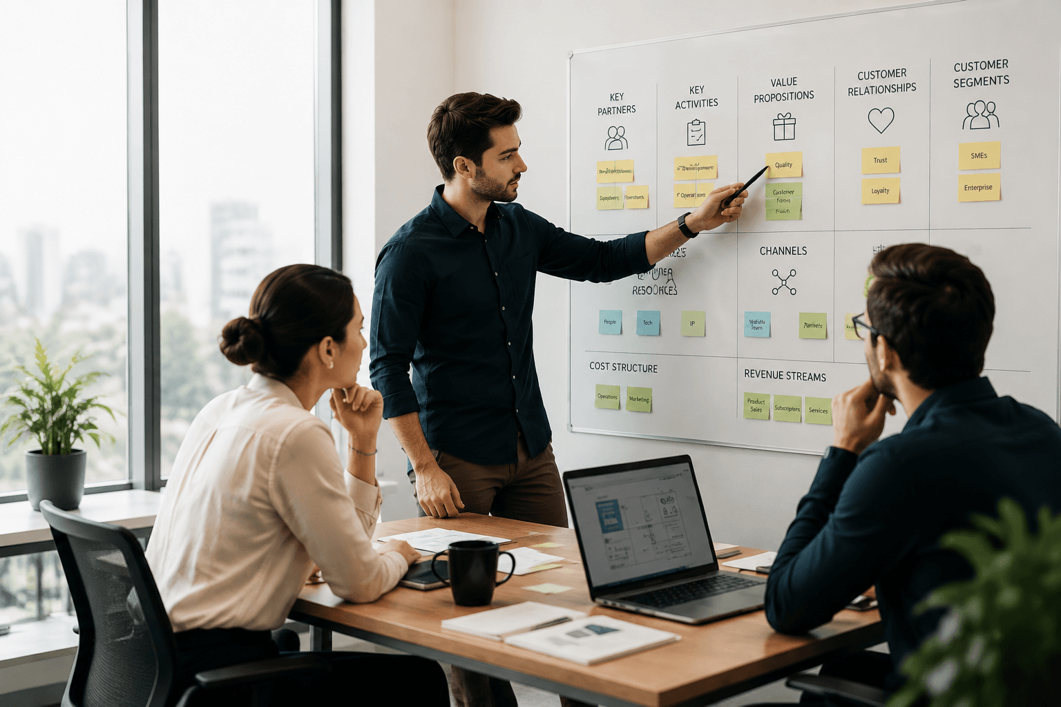 Business team mapping value creation and business model choices on a whiteboard