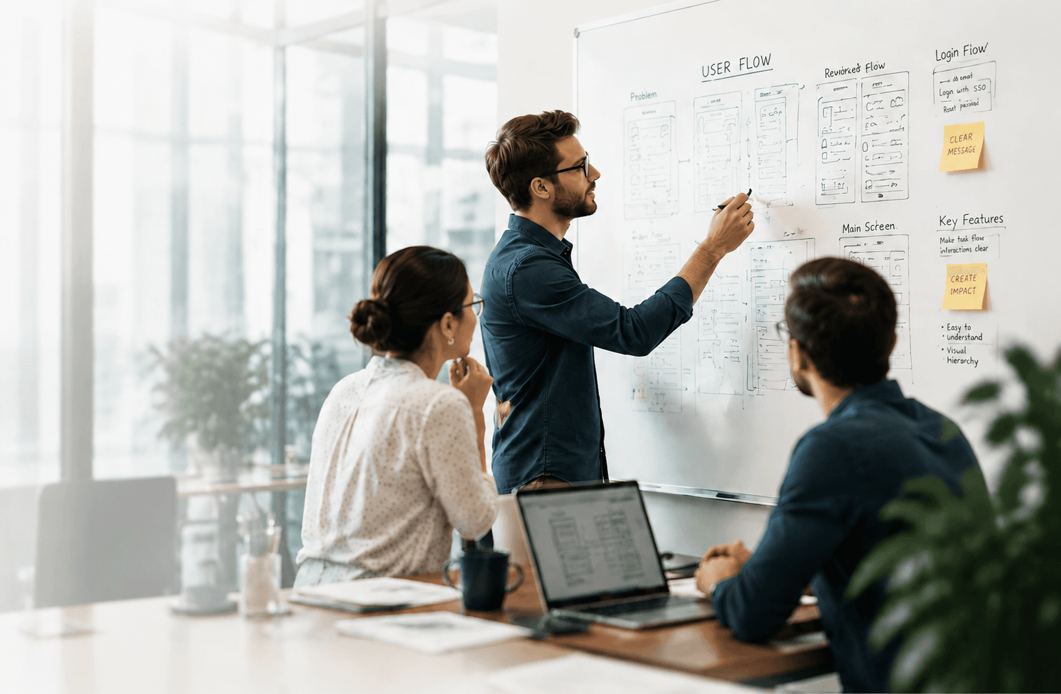 Team defining product strategy on a whiteboard in a bright corporate office