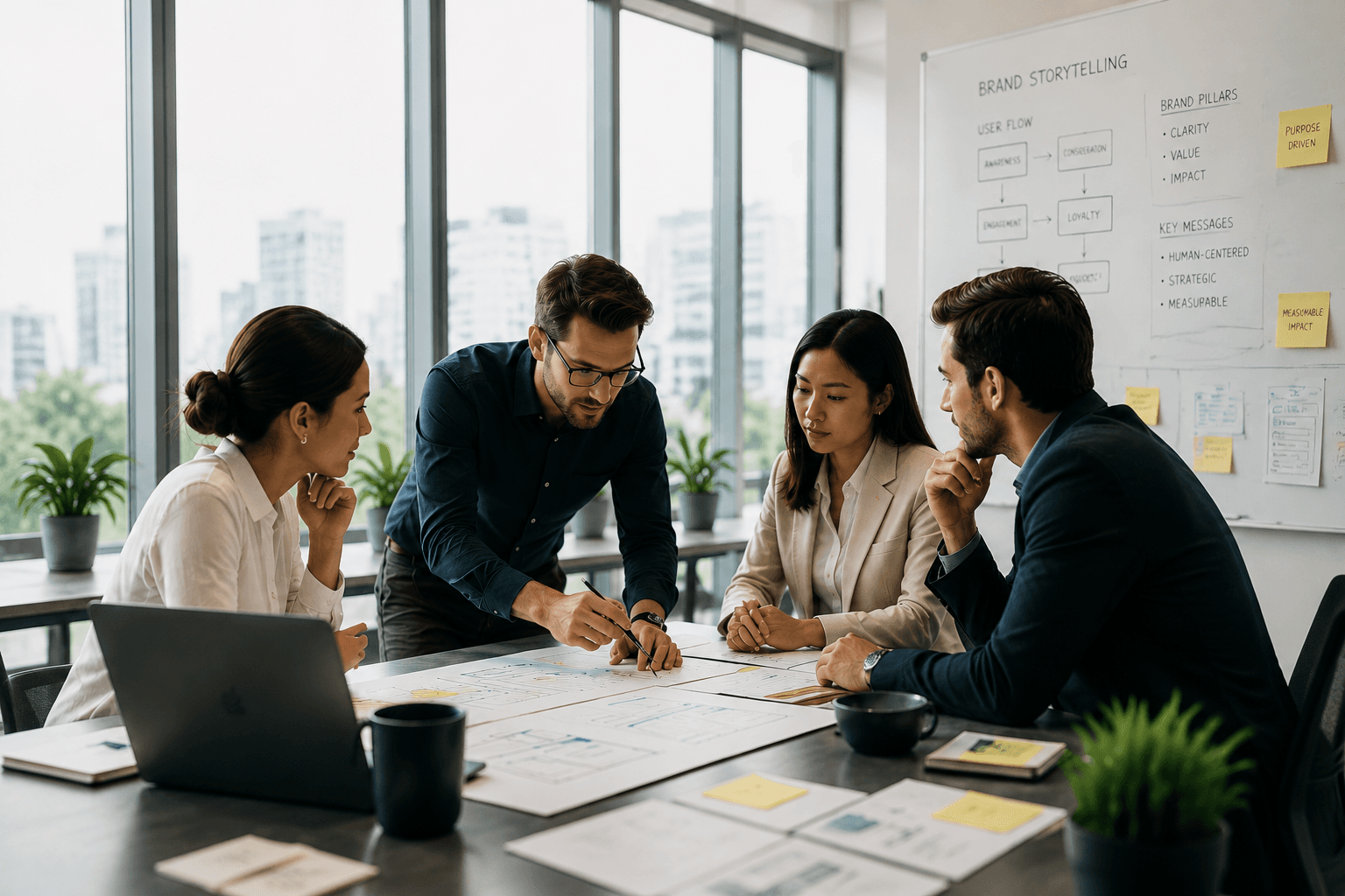 Team collaborating around a strategy document in a bright modern office