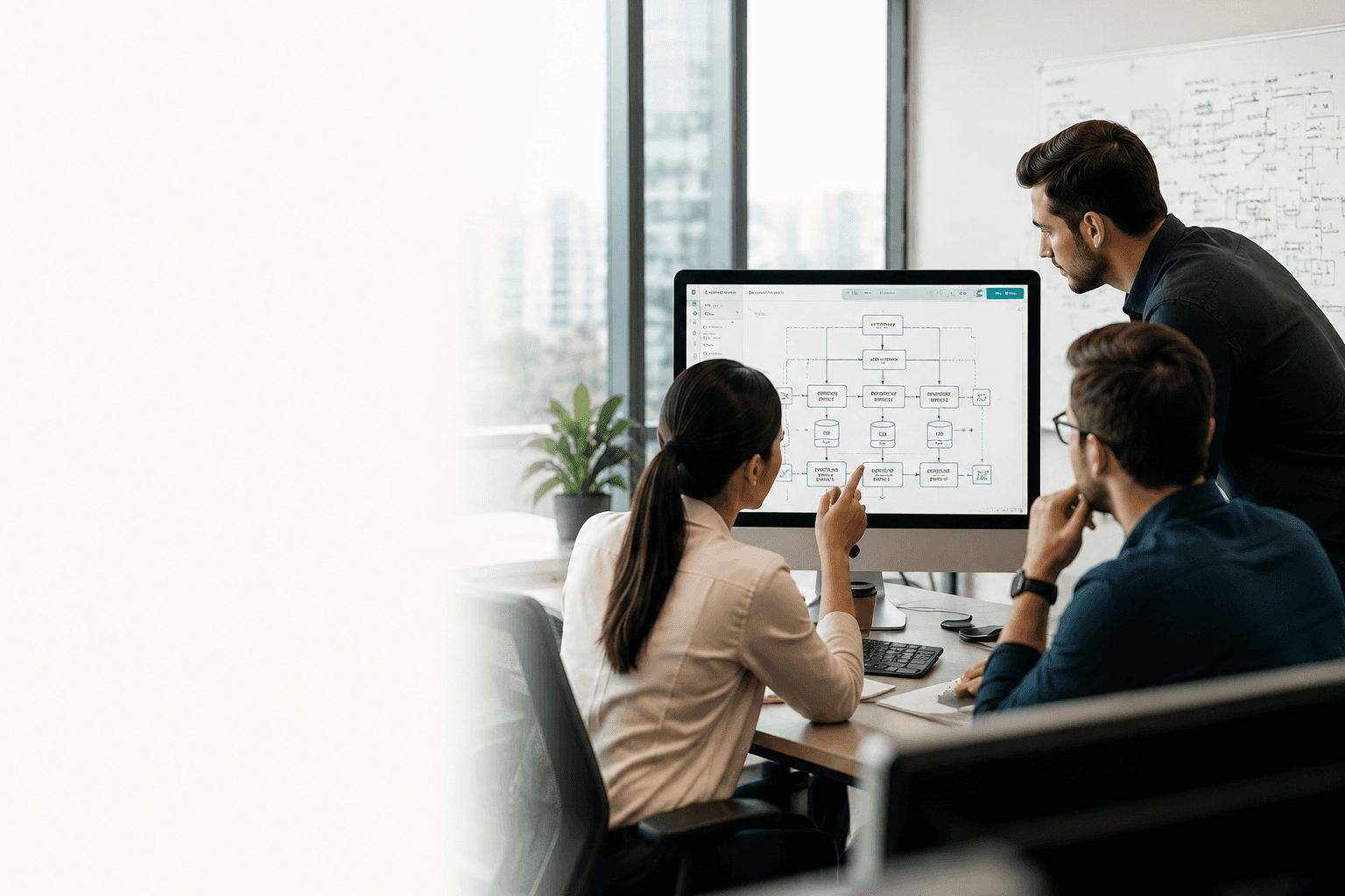 Team reviewing software architecture on a large screen in a modern office